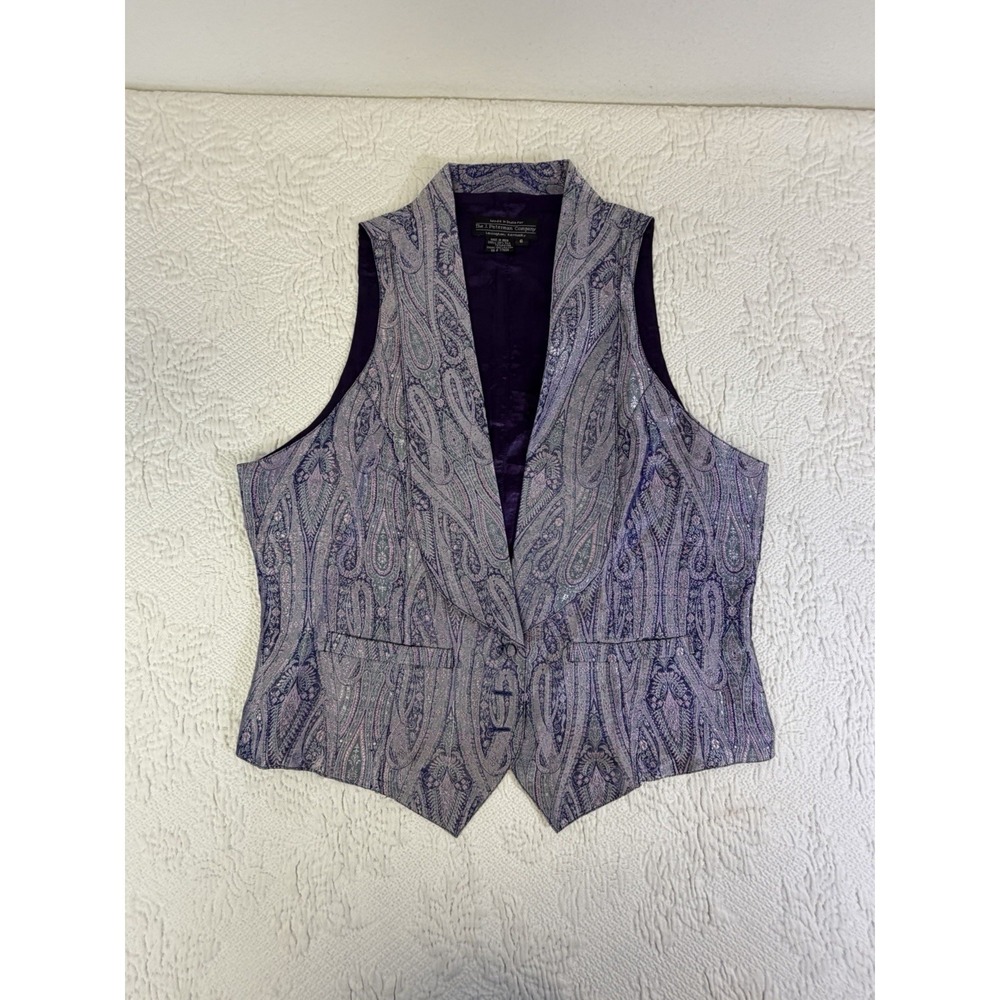 J. Peterman Vintage Women's Size 6 Paisley Brocade Vest Shawl Collar Purple Teal